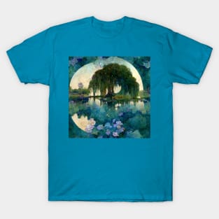 Beautiful Willow Tree Monet Impressionism Style Painting Full Moon T-Shirt